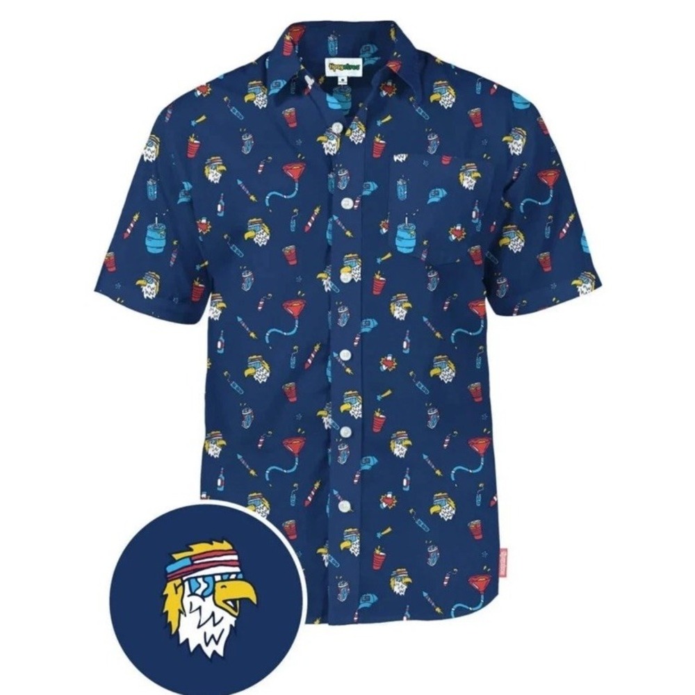 TIPSY ELVES EPIC EAGLE KEG PARTY BUTTON HAWAIIAN SHIRT 4XL NWT Fabric Flaw